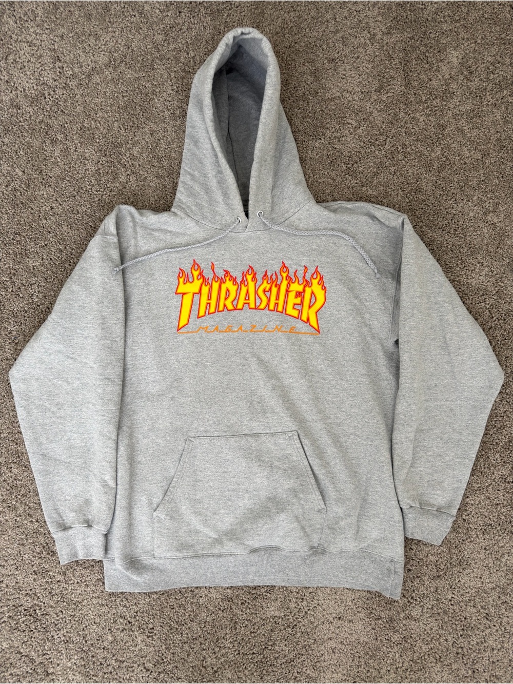 Thrasher Gray Hoodie with Yellow and Red Flame Logo